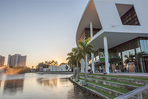 Shot of the new Student Center and lake Osceola